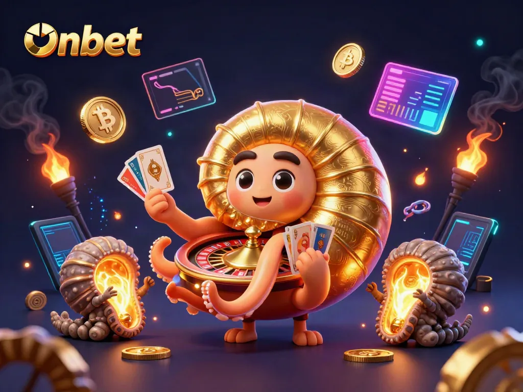 Onbet showcases thrilling gaming with a giant nautilus roulette wheel and vibrant digital elements.