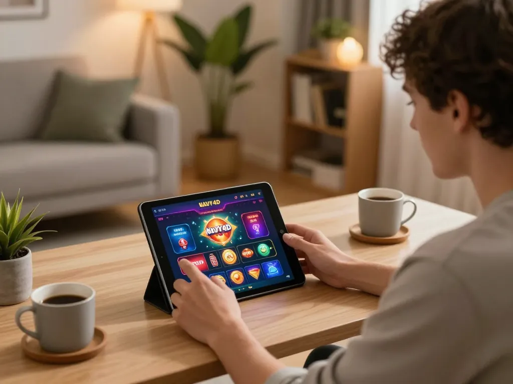 Pemain NAVY4D menikmati pengalaman bermain game online di tablet dalam suasana rumah yang stylish.