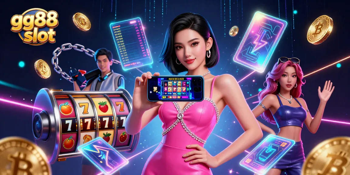 Experience exciting gameplay with gg88 slot featuring vibrant casino elements and a modern Asian woman showcasing her smartphone.