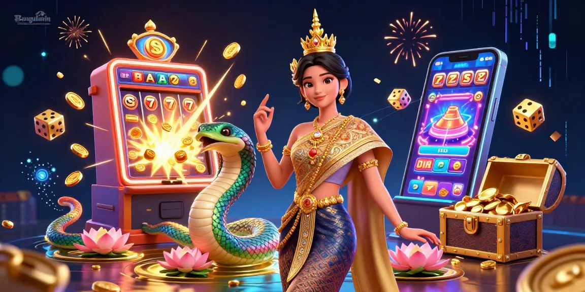 Bengalwin engaging scene with a Thai dancer and Naga serpent surrounded by a jackpot explosion.
