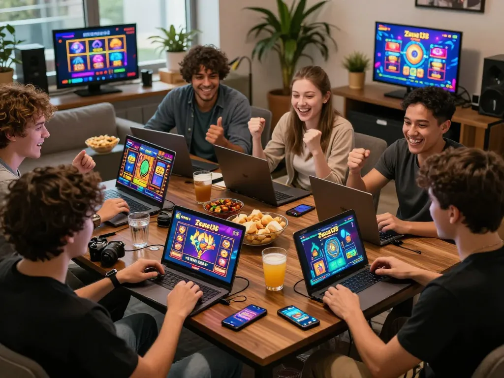 Excited players enjoying Zeus138 slot games in a vibrant lounge atmosphere.