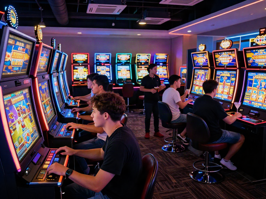 Exciting scene of players at slot machines in a vibrant gaming hall.