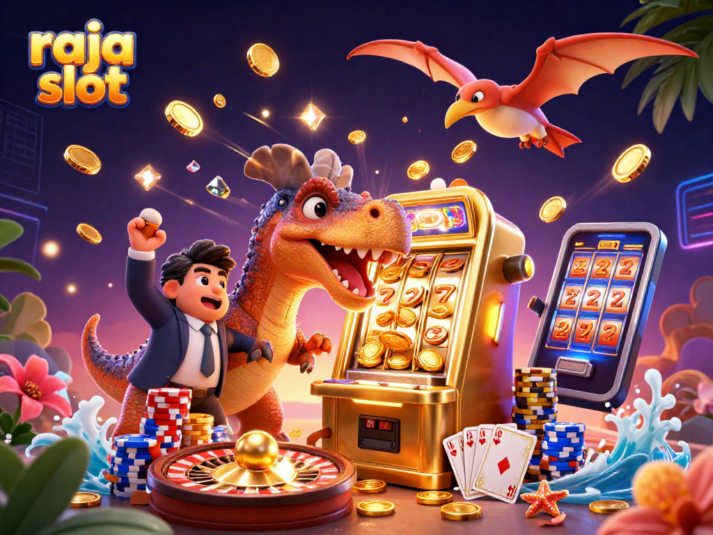 Engaging raja slot scene with cartoon dinosaurs and jackpot coins flying around.