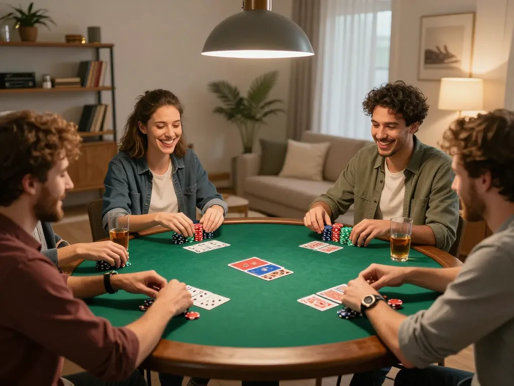 Friends enjoying a poker night game showcasing Da88 strategy with chips and laughter.