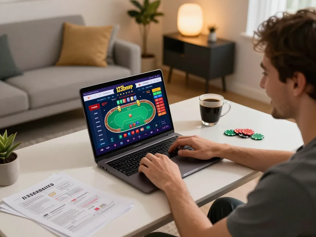 Player enjoying 123bmvp online casino on a laptop with strategy notes for better odds
