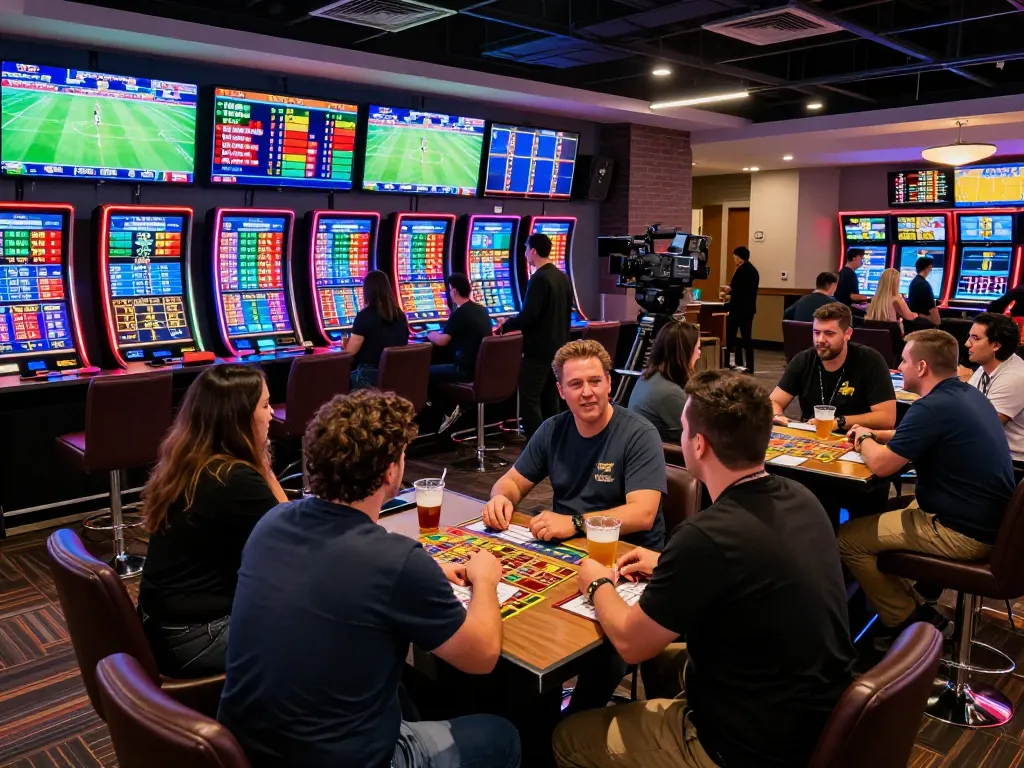 Engaged sports bettors analyzing odds for soi kèo nhà cái in an upscale betting lounge.