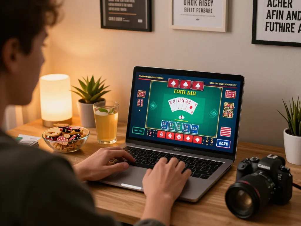 Player engaged in mm88 live blackjack online gaming, showcasing strategic gameplay from a cozy home office.