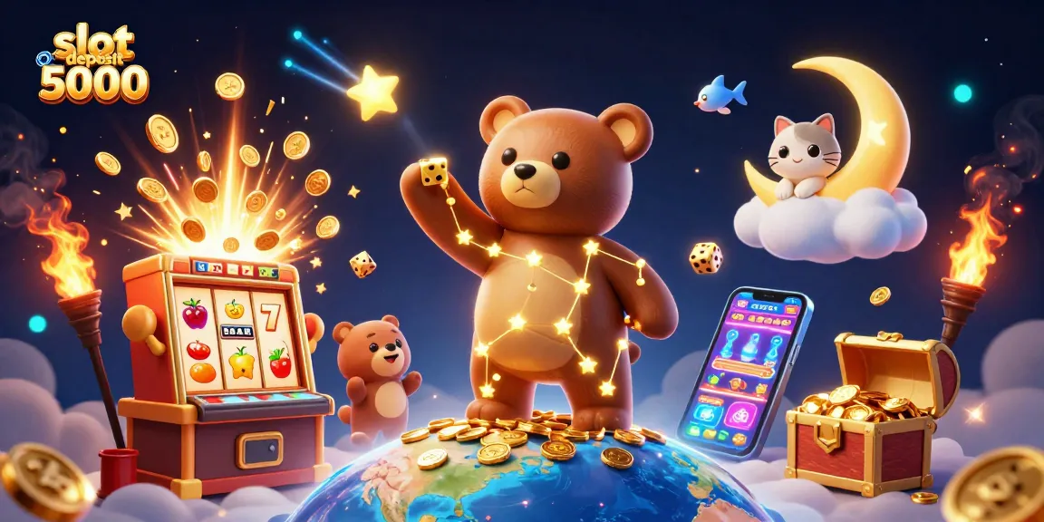 Experience thrilling gameplay with slot deposit 5000 as a golden constellation bear scoops coins from Earth in a dynamic casino scene.