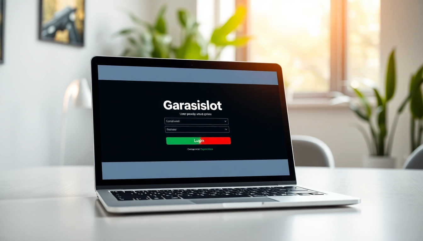Masuk ke garasislot login dengan tampilan laptop modern di ruang kerja elegan.