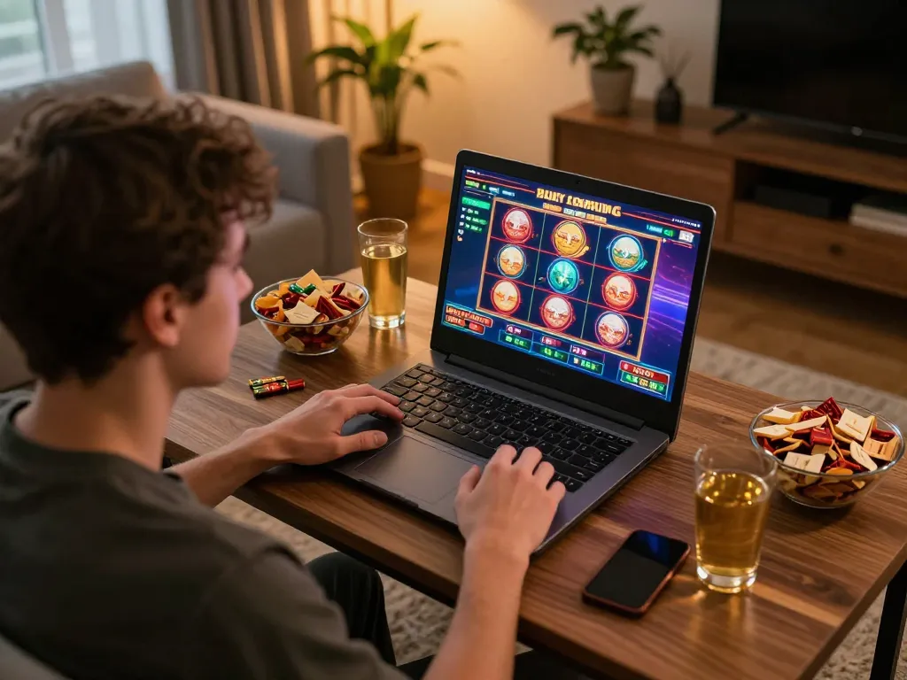 Player enjoying online gaming at Nhà Cái RR88 with vibrant slot interface in cozy home setting