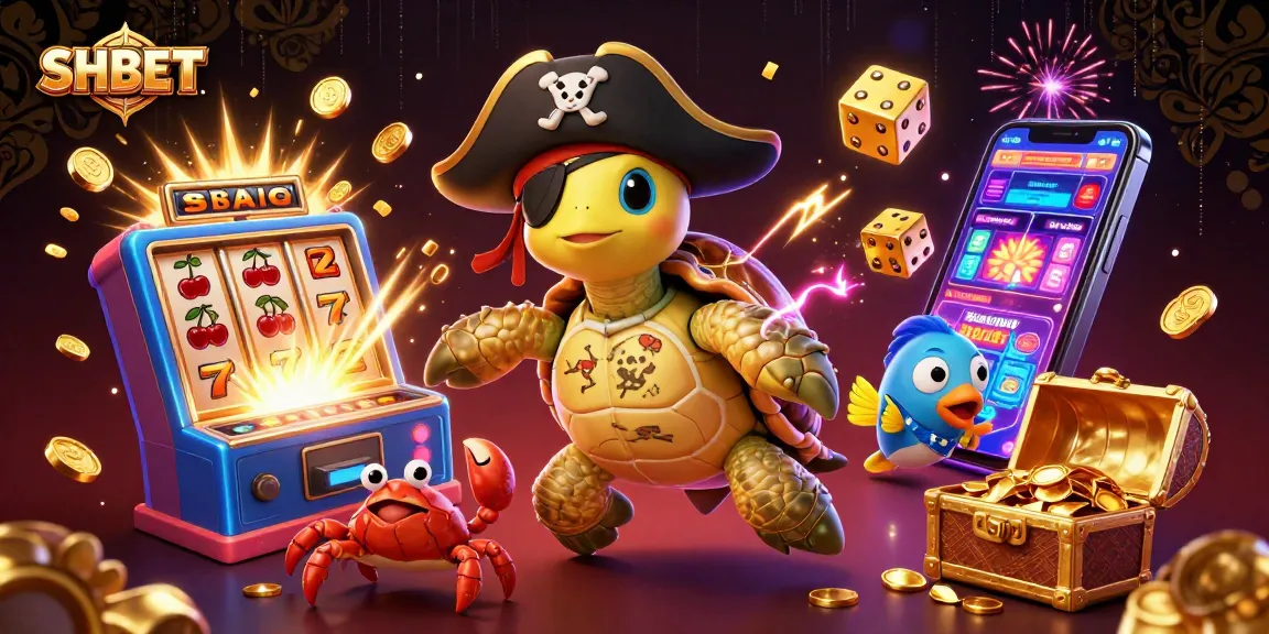 Engage in thrilling games at SHBET with a pirate-themed casino illustration featuring a turtle, crab, and parrotfish.