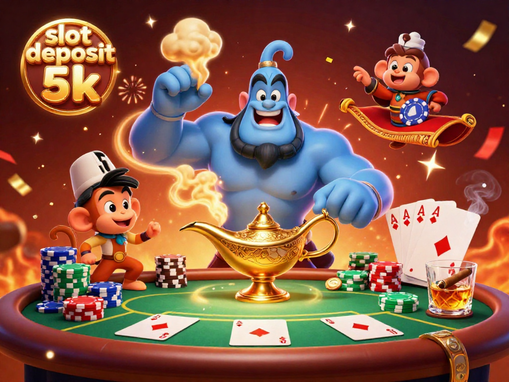 Engage with slot deposit 5k in a vibrant casino scene featuring a genie and poker elements.