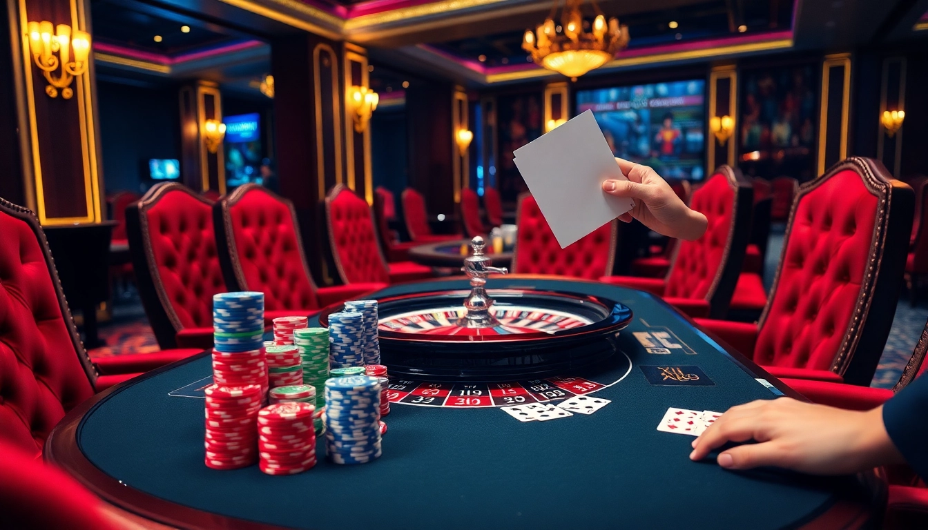 Engaging players at Xin88 casino table with roulette and poker chips.