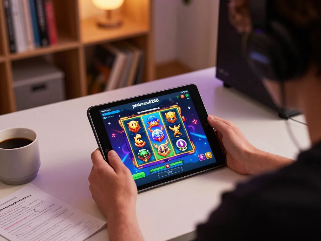 Player enjoying phdream6268 slot games on a cozy home gaming setup, surrounded by strategy notes