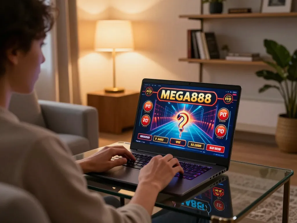 Engaged player enjoying a MEGA888 gaming experience on a laptop in a stylish home setting.