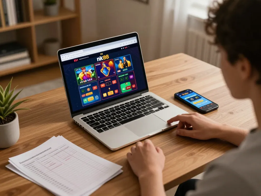 Player engaged in nk88 online casino gaming with strategy notes beside laptop, warm home atmosphere.