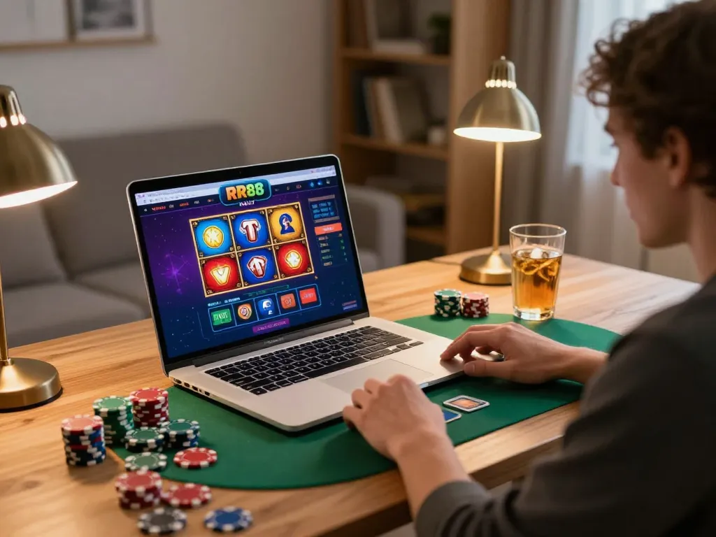 Play online with excitement at RR88 NAVY, featuring a person engaged in thrilling games surrounded by poker chips.
