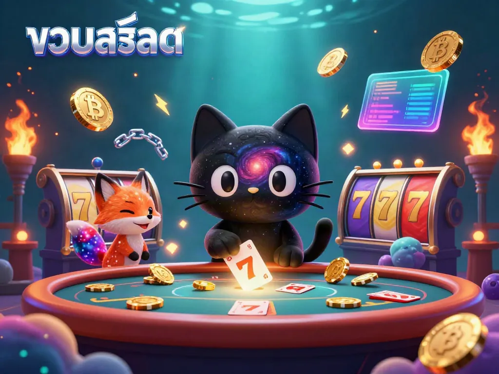 Engage with the exhilaratingรวมสล็อต universe, featuring a black hole cat and colorful fox at a lively casino table.