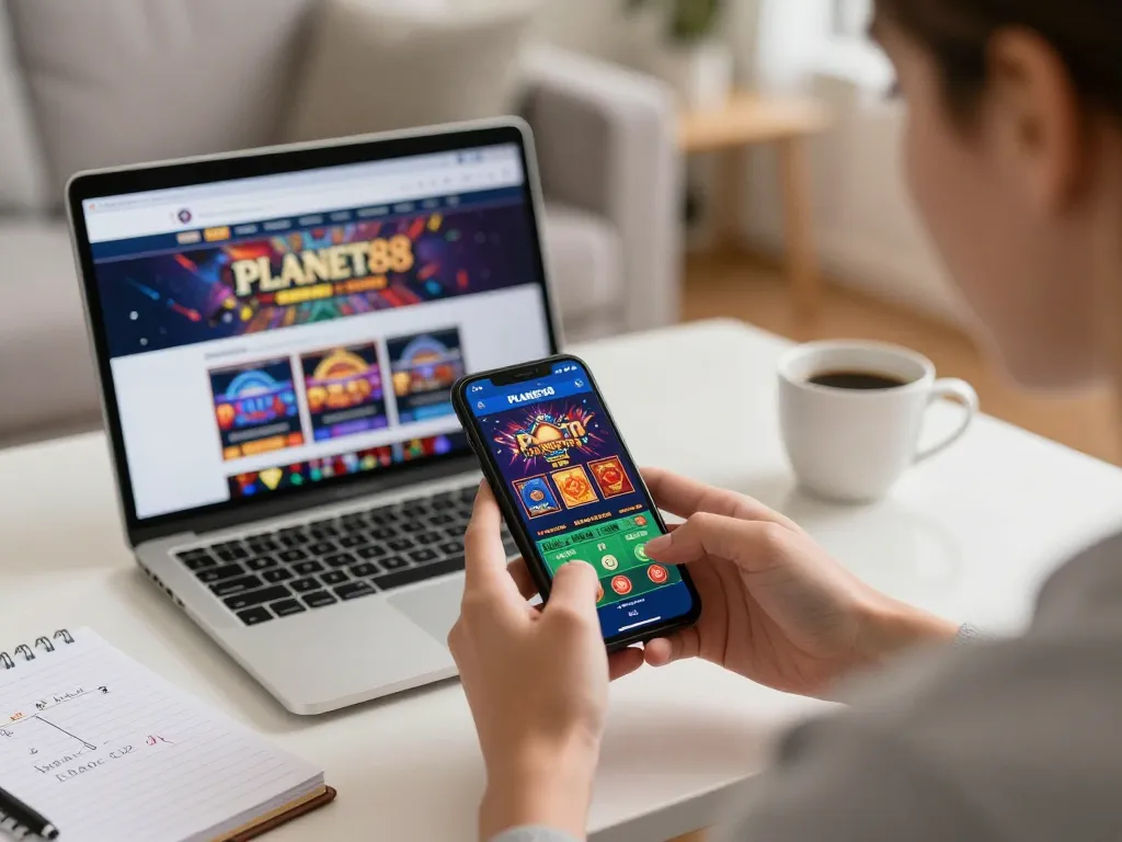 Engaging mobile gaming session with PLANET88 app showcasing strategic betting opportunities and a relaxed atmosphere.