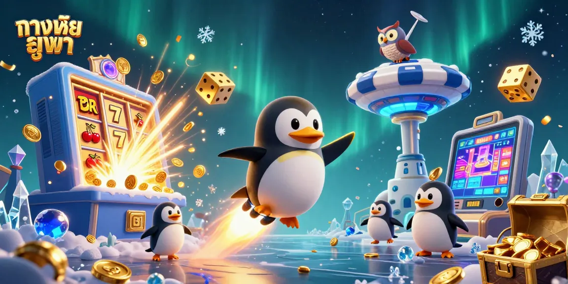 Engage with ทางเข้ายูฟ่า as the golden penguin launches through a vibrant casino-themed universe.