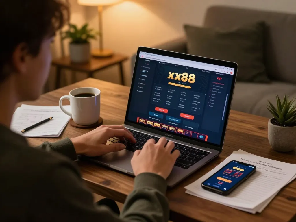Engaging in xx88 online poker with laptop and strategy notes at home, showcasing responsible gambling