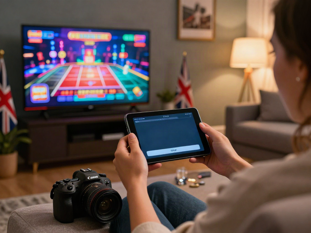 Exciting scene depicting a player using credit card casinos UK on a smartphone in a cozy lounge setting, highlighting modern gaming.