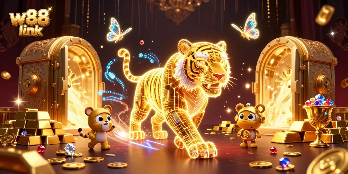 Experience the thrill of w88 link in a vibrant digital casino landscape with golden tiger and treasures.