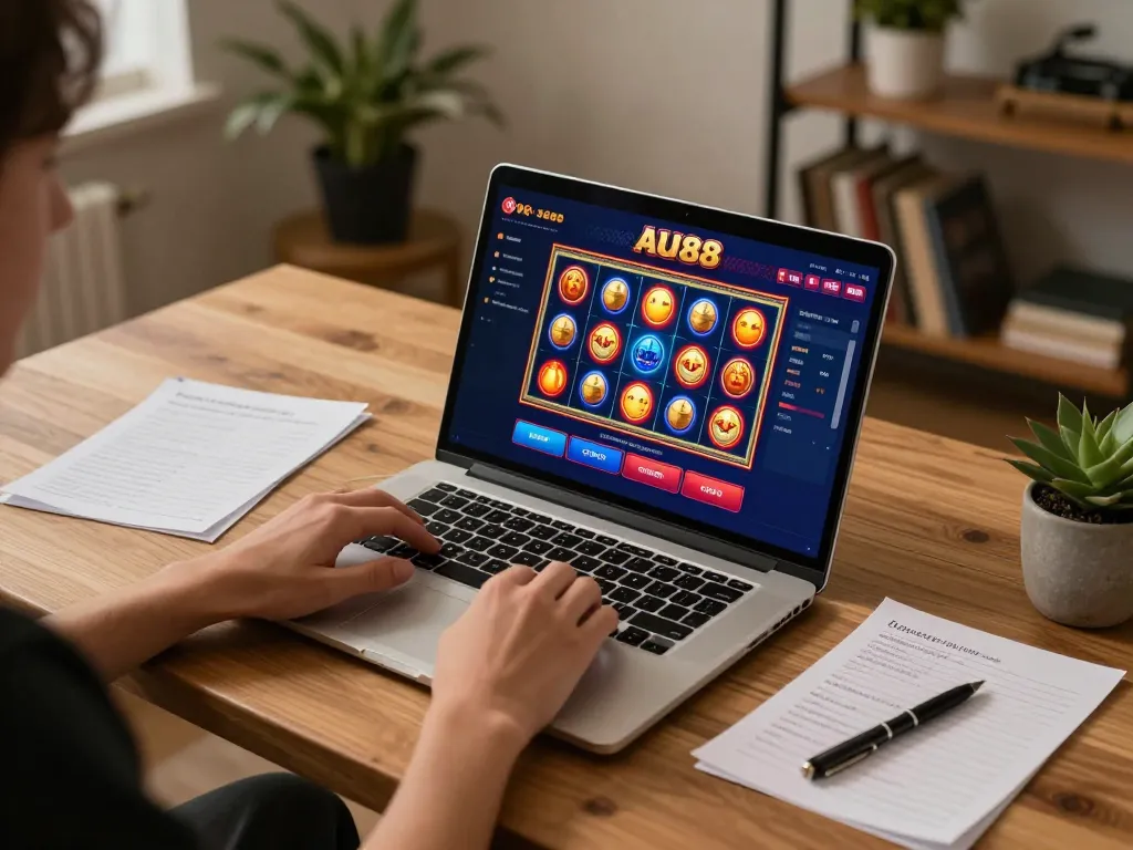 A player enjoys AU88 online slots on their laptop, surrounded by personal notes, in a cozy home setting