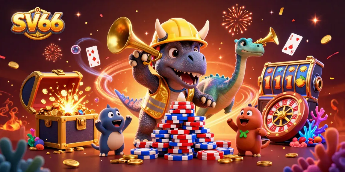 SV66's animated celebration features a triceratops and parasaurolophus amidst casino elements.