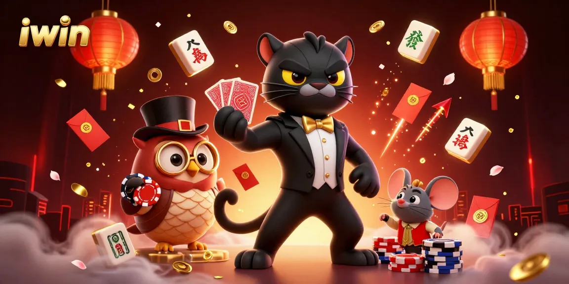 Experience thrilling gameplay at iwin with a stylish black panther, wise owl, and lucky mouse in a vibrant casino world.