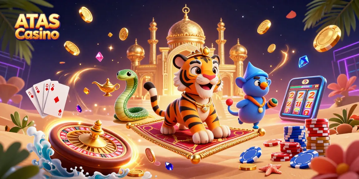 Experience thrilling gameplay at ATAS Casino with dynamic 3D illustration featuring a sultan and a genie snake.