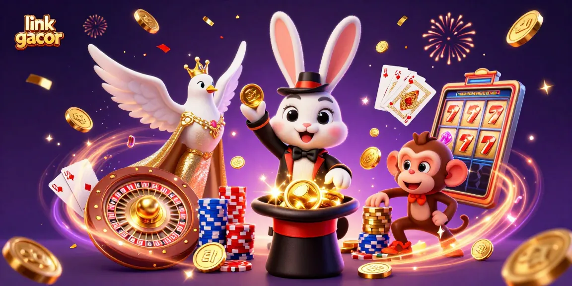 Experience the excitement of link gacor as a magician rabbit, dove, and monkey interact in a vibrant casino scene.