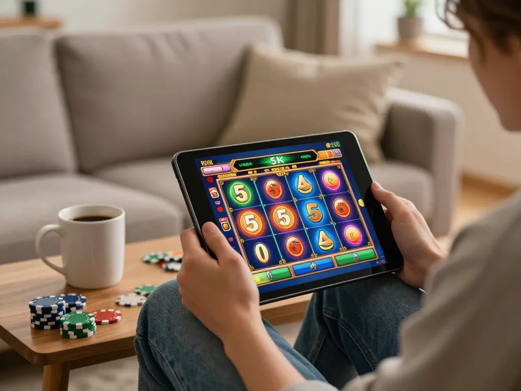 Engaging with a thrilling slot 5k game on a tablet at home, capturing an exciting gaming atmosphere.