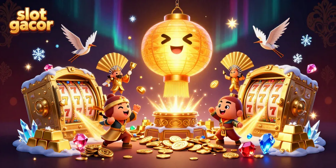 Slot gacor menampilkan suasana kasino dinamis dengan karakter kartun 3D dan elemen keberuntungan.