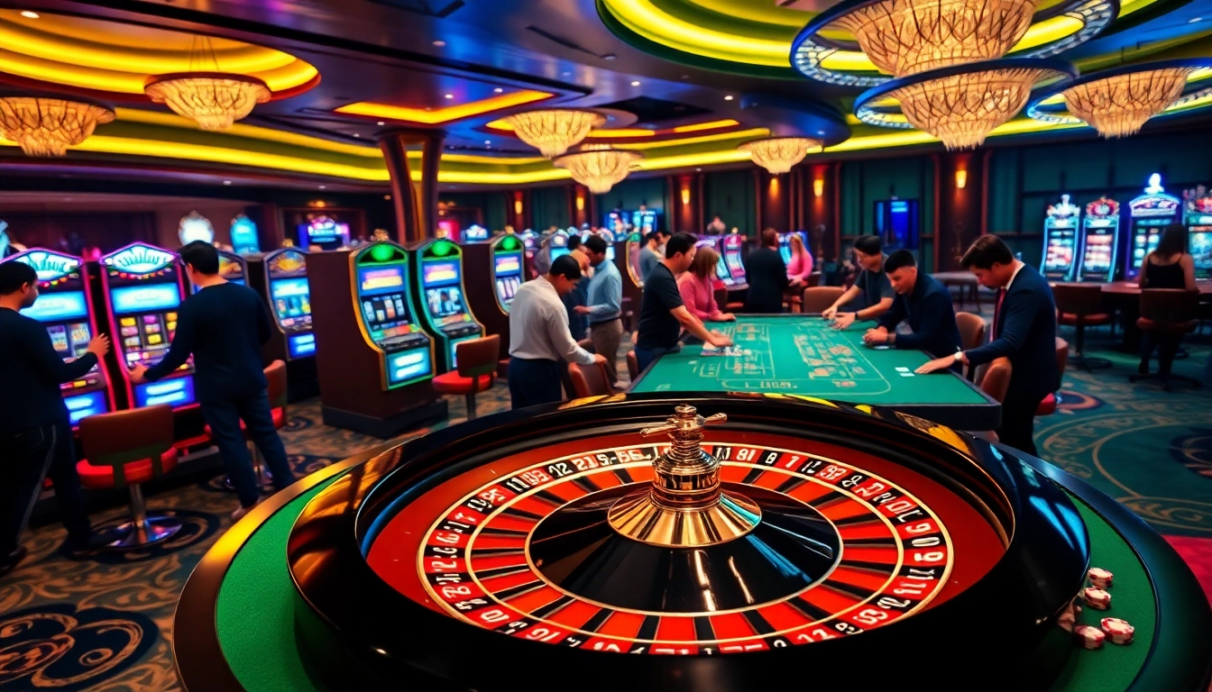 Players enjoy exciting casino games at 99win, showcasing roulette, slots, and poker tables in a vibrant atmosphere.