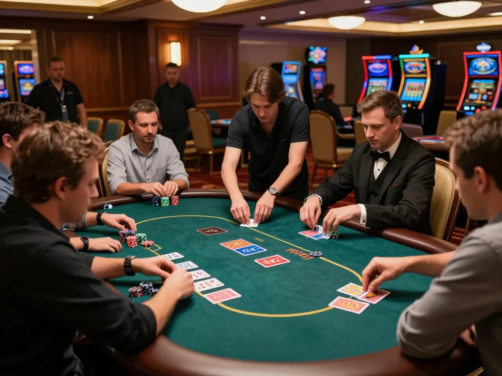 uu88 poker players engaged in strategic gameplay at a luxury casino table during an exciting game.