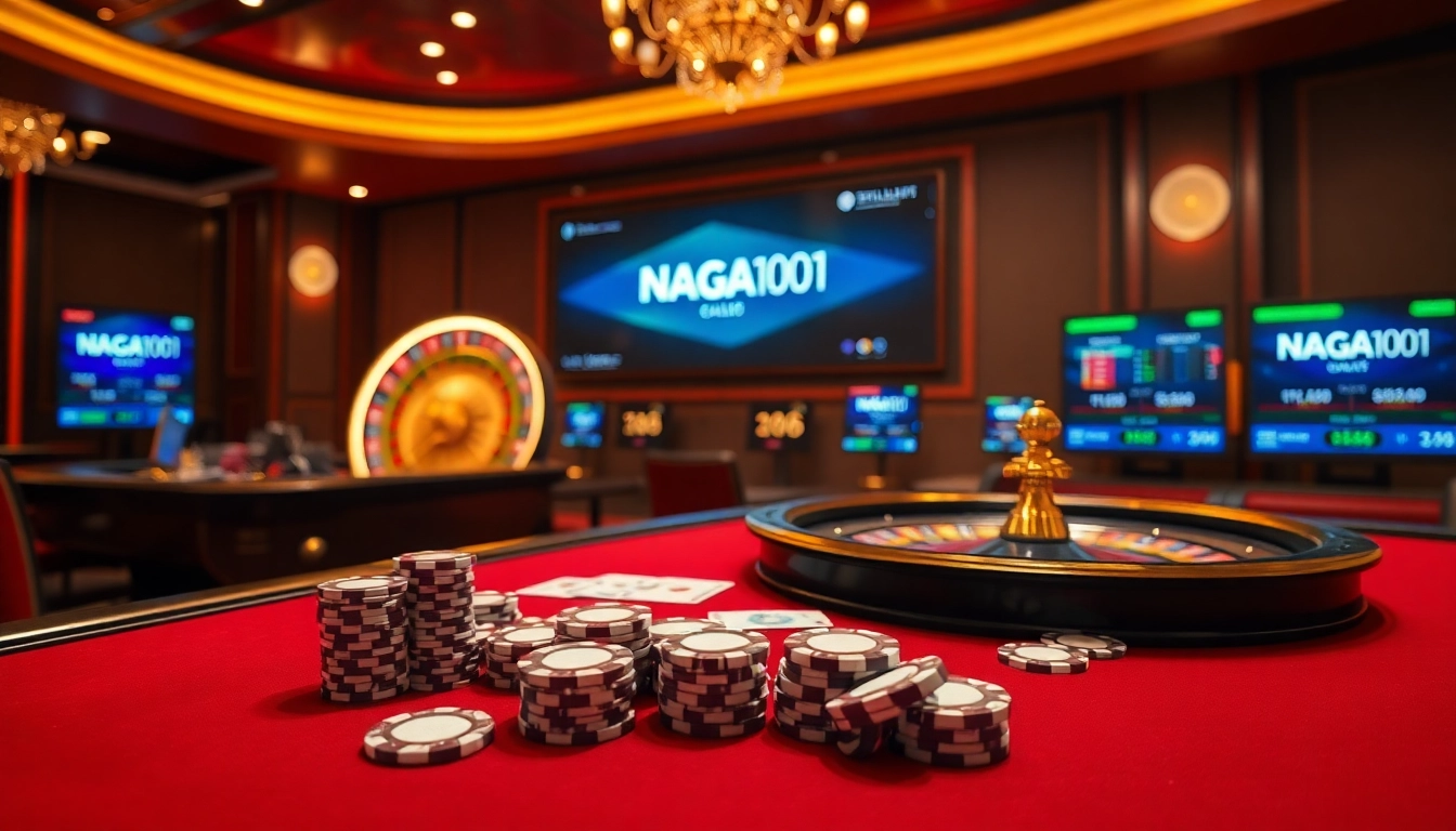 NAGA1001 showcases an exciting luxury casino with poker chips, cards, and a roulette wheel.
