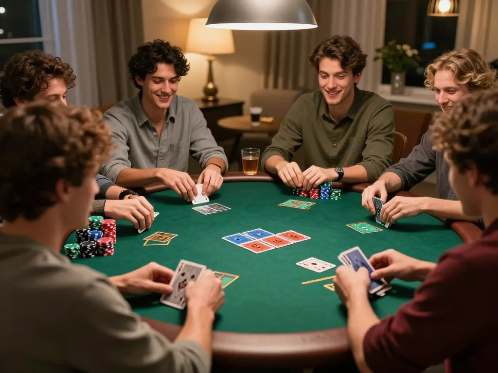 Engaged players strategizing during a home poker night with Betmentoto themed decor and friendly competition.