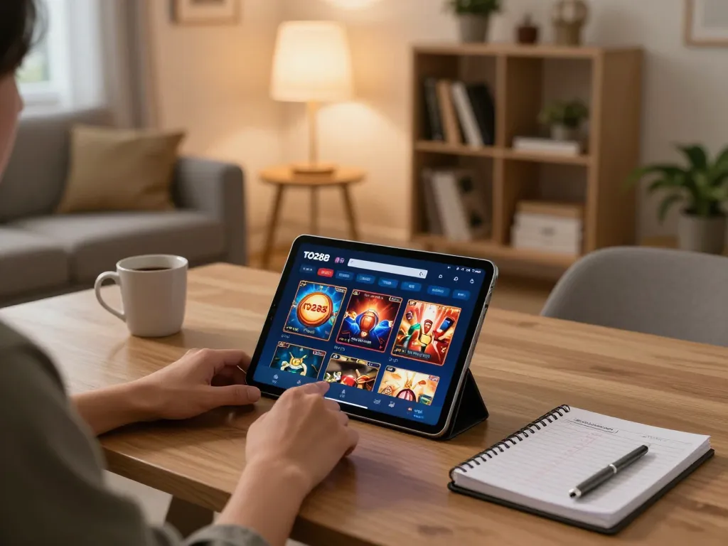 Engaged player enjoying TO288 online casino app on tablet in cozy home setting
