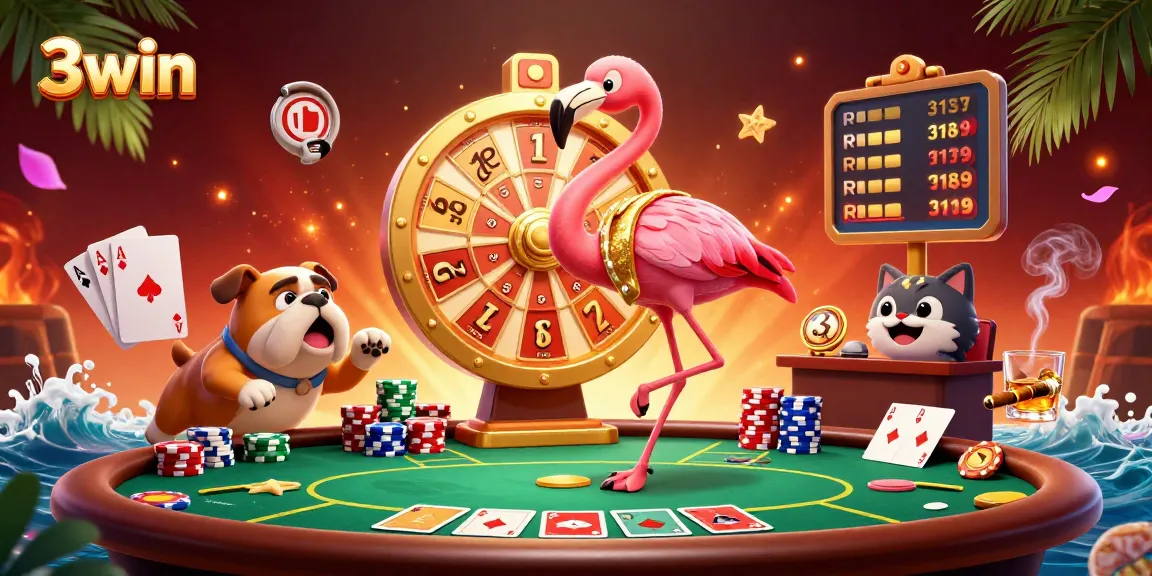 3win game show excitement with flamingo host spinning a prize wheel and bulldog contestant.