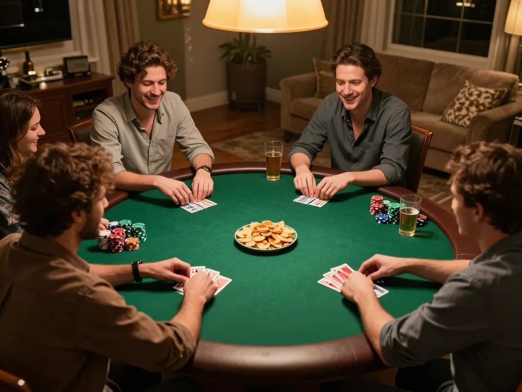 Engaged players at a B52club poker night, showcasing excitement and competition in a cozy setting.