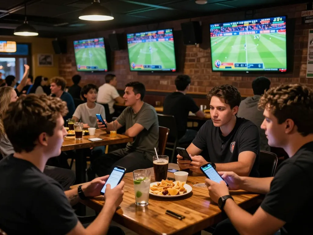 Soi kèo nhà cái hôm nay with passionate sports bettors engaged at a lively bar, placing bets while enjoying the match.