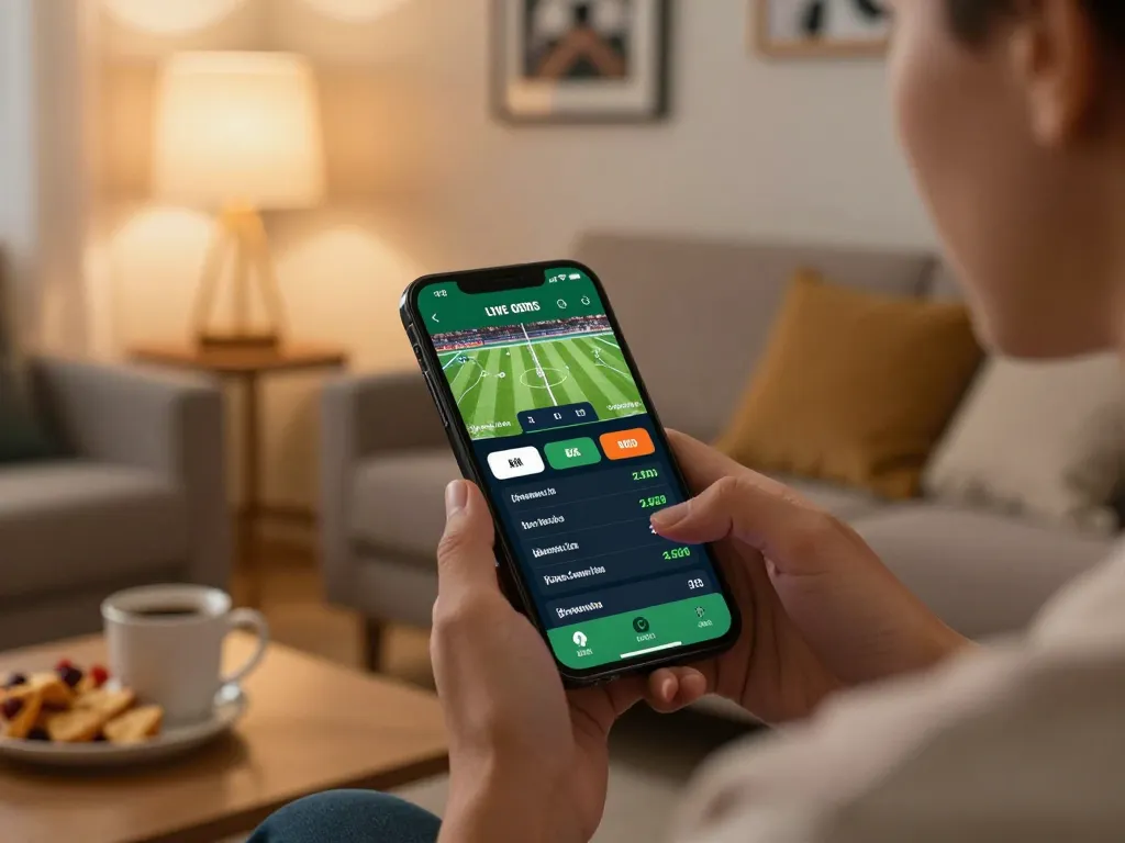 Bsport user placing bets on a smartphone app in a cozy living room, embodying strategic sports betting.