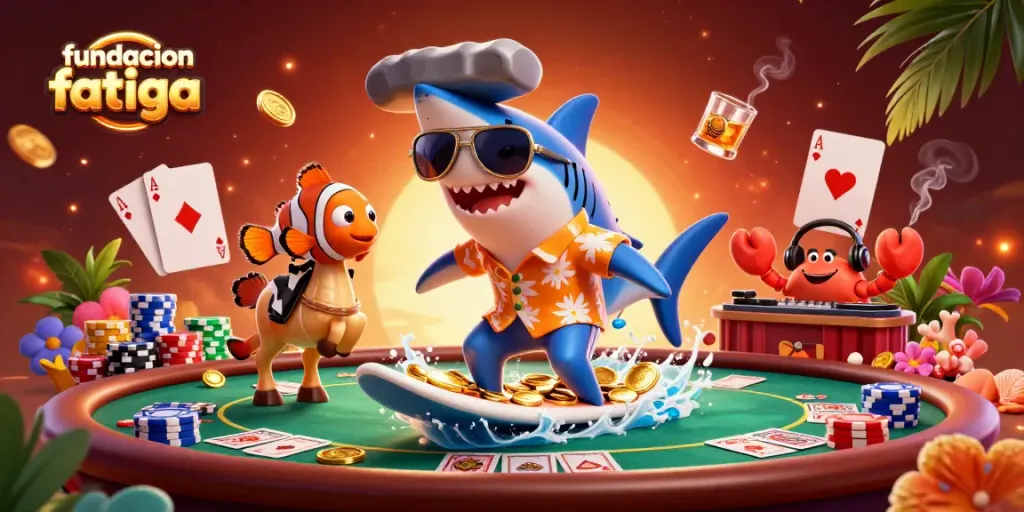 Engage with fundacionfatiga's vibrant casino-themed scene filled with playful sea characters and gambling elements.