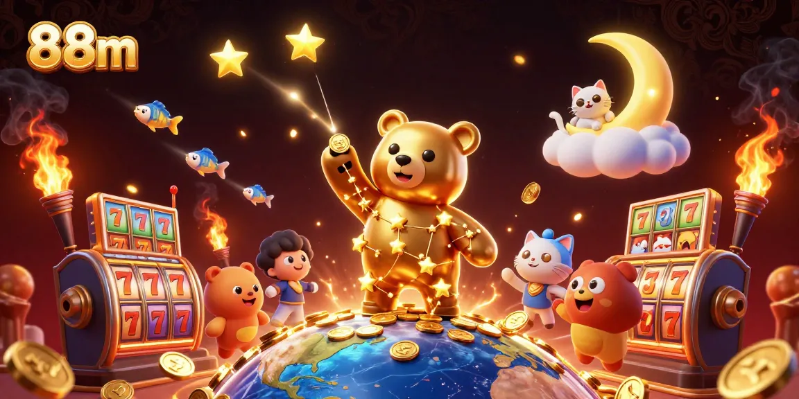 Engage with exciting 88m casino gaming featuring a golden constellation bear and vibrant slot elements.