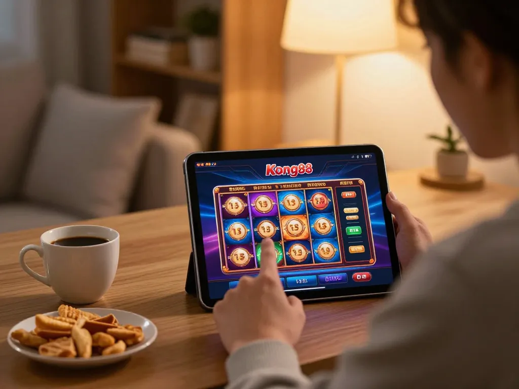 Engaging in kong88 online casino gaming on a tablet at home, surrounded by a cozy atmosphere.