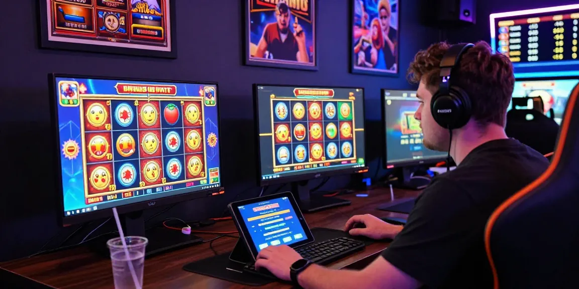 Exciting scene of a player engaging with bonus buy slots UK on a vibrant online casino platform, showcasing colorful slot games and gaming accessories.