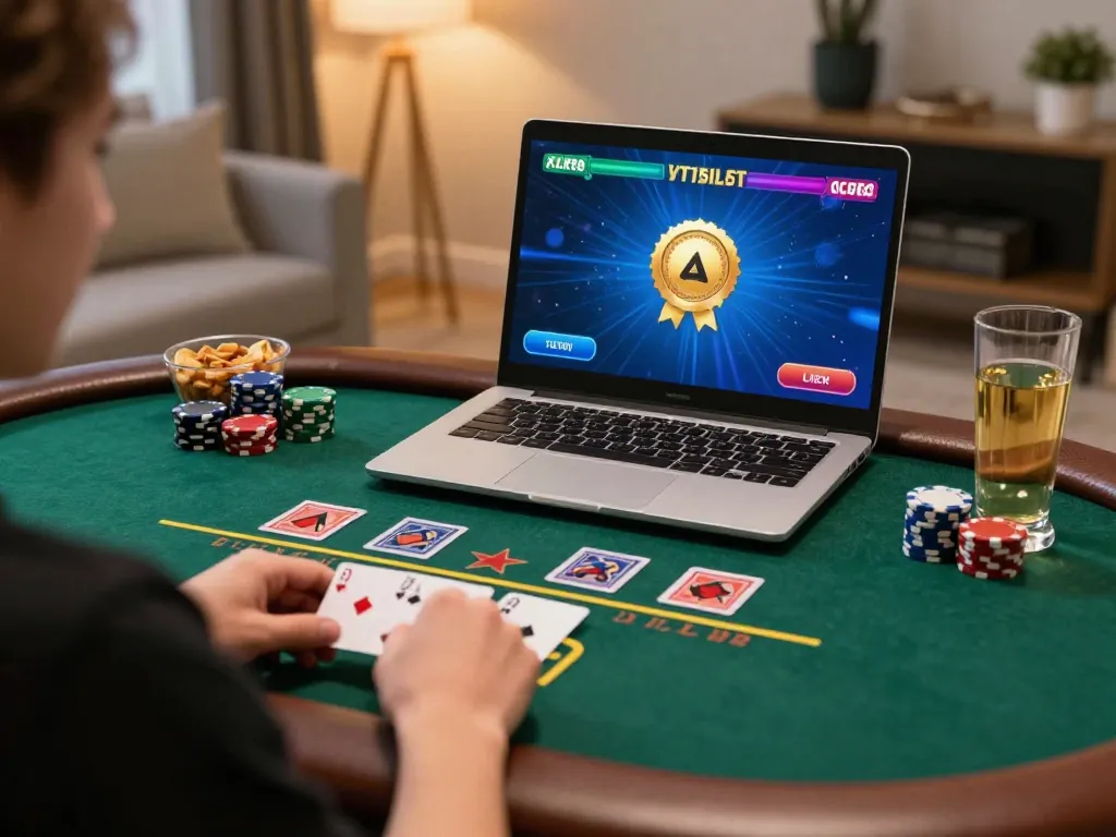 Player enjoying online blackjack at home with MM88 COM, focused on gameplay and strategy.