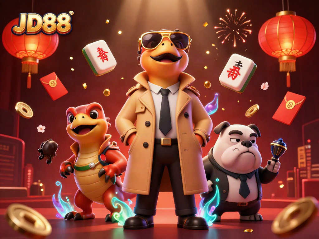Interact with JD88's vibrant casino scene featuring playful raptors attempting entrance