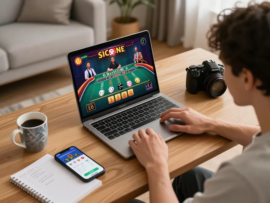 Engaging scene of a person playing Casino Online Sicbo with live dealer on laptop, strategic notes on desk.